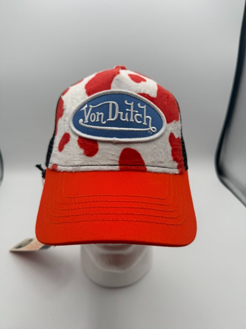 Von Dutch Trucker Hat Cow Print Orange & White Snap Back Mesh NWT